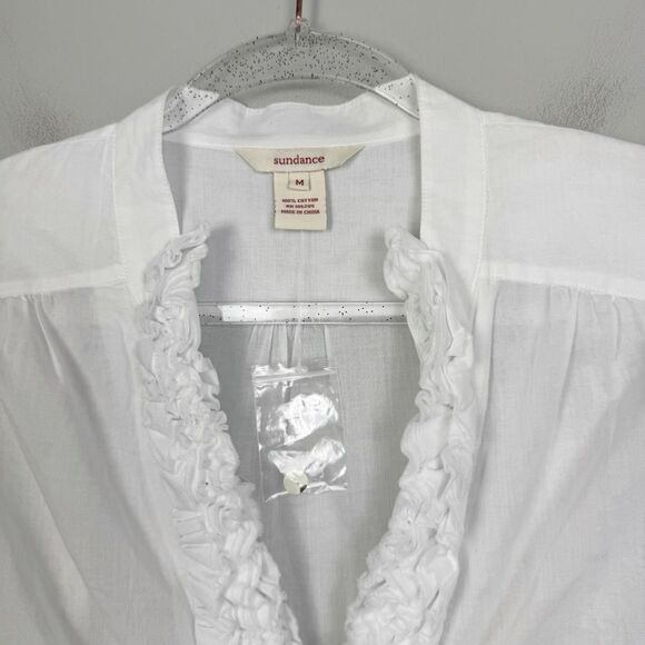 SUNDANCE | NEW 100% Cotton White Ruffle V-Neck Button Shirt Women’s Size Medium - Picture 3 of 7